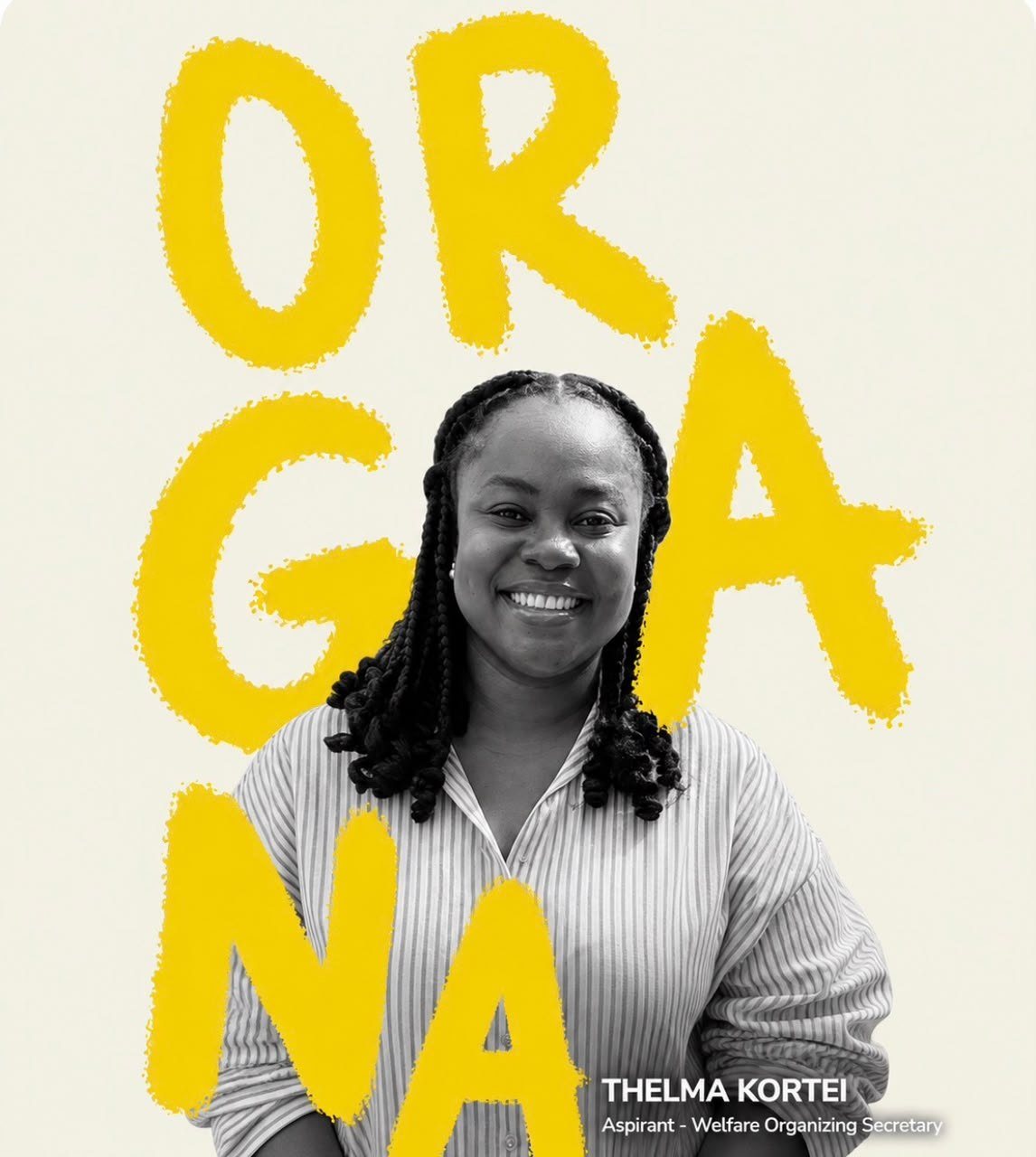 Thelma Kortei smiling, in front of the word Organa in yellow brush letters